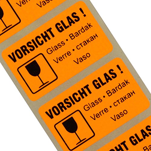 100 Etiketten "Vorsicht Glas/zerbrechlich" Haftpapier 38 x 23 mm leuchtend orange 5-sprachig von KDS