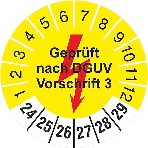 100 Prüfetiketten 18 mm Geprüft nach DGUV Vorschrift 3 gelb mit Blitz 2024-2029 Prüfplakette von KDS