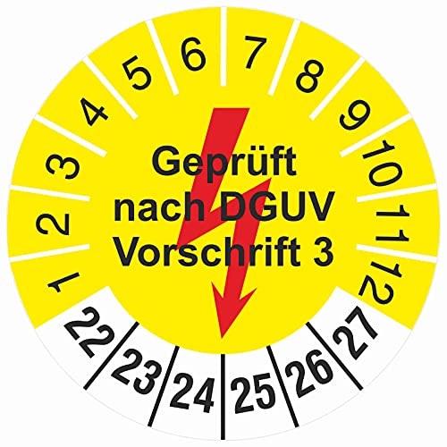 100 Stück 30 mm gelb geprüft nach DGUV Vorschrift 3 mit Blitz Prüfetiketten Prüfplakette 2022-27 von KDS