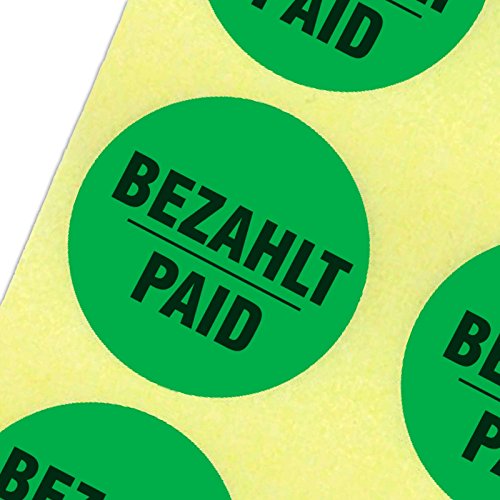 1000 Etiketten "BEZAHLT/PAID" Haftpapier 30 mm rund leuchtend grün auf Rolle von KDS