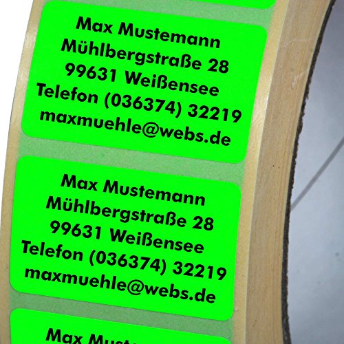Adressetiketten mit Wunschdruck 100 Stück 38 x 23 mm Haftpapier leuchtgrün Adressetiketten mit Wunschdruck 100 Stück 38 x 23 mm Haftpapier leuchtgrün von KDS