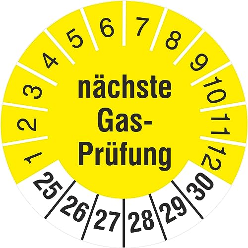 Prüfplaketten nächste Gasprüfung 18 oder 30 mm Prüfetiketten Gas 2025-30 (200, 30mm Durchmesser) von KDS