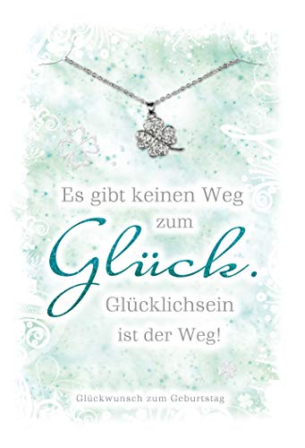 KE - Modische Geburtstagskarte inkl. Kette mit Anhänger | Karte zum Geburtstag für Mädchen oder Frauen | Geschenk mit Schmuck | Karte in Folie | DIN A6 | Klappkarte inkl. Umschlag | Motiv: Kleeblatt von KE