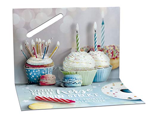 KE - 3D Pop Up Geburtstagskarte mit Cupcakes & Kerze, Glitzer-Elementen, DIN B6 - Muffins Grußkarte Klappkarte von KE