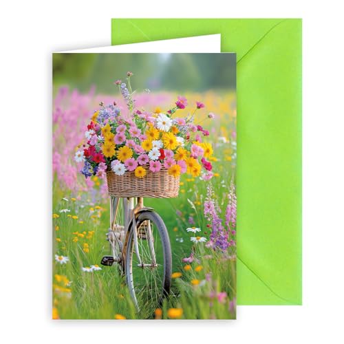 KE - Blanko Glückwunschkarte, DIN B6 Format 176x125mm, Textfreie Klappkarte inkl. Umschlag, Ideal für alle Anlässe, Motiv: Fahrrad mit Blumen im Korb KE - Blanko Glückwunschkarte, DIN B6 Format 176x125mm, Textfreie Klappkarte inkl. Umschlag, Ideal für alle Anlässe, Motiv: Fahrrad mit Blumen im Korb von KE