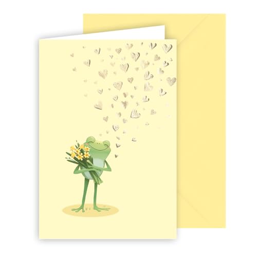 KE - Blanko Glückwunschkarte, DIN B6 Format 176x125mm, Textfreie Klappkarte inkl. Umschlag, Ideal für alle Anlässe, Motiv: Frosch mit Blumenstrauss von KE
