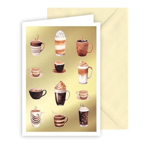 KE - Premium Blanko Glückwunschkarte für Kaffeeliebhaber, DIN B6 Format 176x125mm, Textfreie Klappkarte inkl. Umschlag, Ideal für alle Anlässe, Motiv: Kaffeespezialitäten von KE