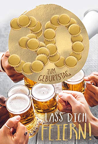 KE - Glückwunschkarte zum 30. Geburtstag für Bierliebhaber, DIN B6 Klappkarte mit Umschlag, Bier Motiv, Goldprägung, Geburtstagskarte für Männer - Motiv: Biergläser - Anstoßen von KE