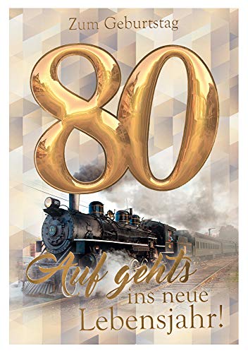 KE - 80. Geburtstagskarte für Männer, DIN B6 Format, Inklusive Umschlag - Hochwertige Klappkarte, Motiv Lokomotive KE - 80. Geburtstagskarte für Männer, DIN B6 Format, Inklusive Umschlag - Hochwertige Klappkarte, Motiv Lokomotive von KE