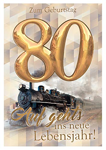 KE - 80. Geburtstagskarte für Männer, DIN B6 Format, Inklusive Umschlag - Hochwertige Klappkarte, Motiv Lokomotive von KE