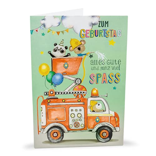 KE - Glitzernde Feuerwehr Geburtstagskarte für Jungen, Kindergeburtstags-Klappkarte DIN B6 inkl. Umschlag - Motiv Feuerwehr von KE