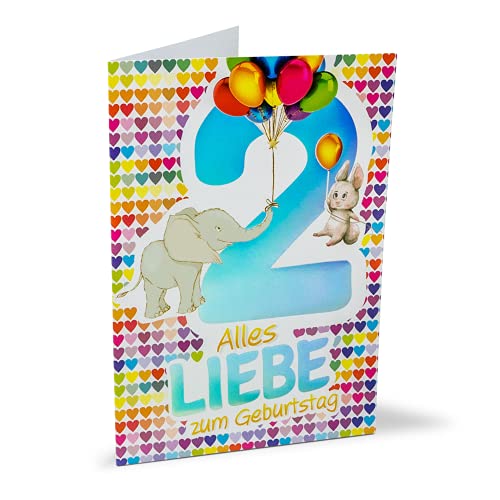 KE - Tierische und Bunte Glückwunschkarte zum 2. Geburtstag, DIN B6 Klappkarte inkl. Umschlag, Ohne Innentext - Geburtstagskarte für Kinder - Motiv: Elefant mit Luftballons von KE