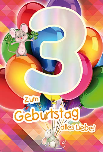 KE - Bunte Glückwunschkarte zum 3. Geburtstag für Kinder, DIN B6 Klappkarte, Umschlag inklusive, Motiv: Kindergeburtstag, Geburtstagskarte - Ohne Innentext - Motiv: Luftballons - 3 KE - Bunte Glückwunschkarte zum 3. Geburtstag für Kinder, DIN B6 Klappkarte, Umschlag inklusive, Motiv: Kindergeburtstag, Geburtstagskarte - Ohne Innentext - Motiv: Luftballons - 3 von KE