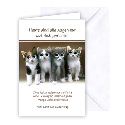 KE - Wackelaugen Geburtstagskarte, DIN B6 Klappkarte inkl. Umschlag, Hochwertige Karte zum Geburtstag, Geschenk, Motiv: Katzen von KE