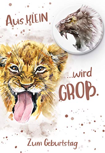 KE - Humorvolle Geburtstagskarte mit Button, DIN B6 Format, Inklusive Umschlag, Klappkarte Design - Motiv Löwe KE - Humorvolle Geburtstagskarte mit Button, DIN B6 Format, Inklusive Umschlag, Klappkarte Design - Motiv Löwe von KE
