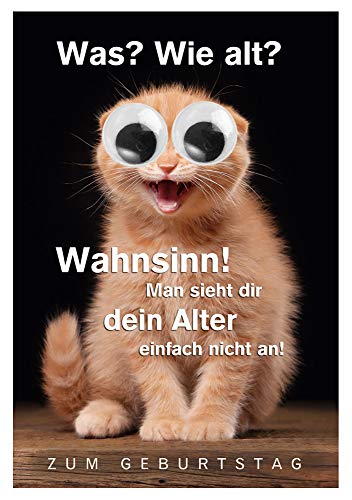 KE - Lustige Geburtstagskarte mit Wackelaugen, Kulleraugen Klappkarte, Glückwunsch & Grußkarte in DIN B6 inklusive Umschlag - Motiv: Katze von KE