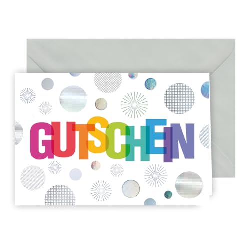 KE - Vielseitige Gutscheinkarte/Klappkarte, inkl. Umschlag, DIN B6 Format, Universal Geschenkgutschein, silber, Motiv: Bunte Schrift von KE
