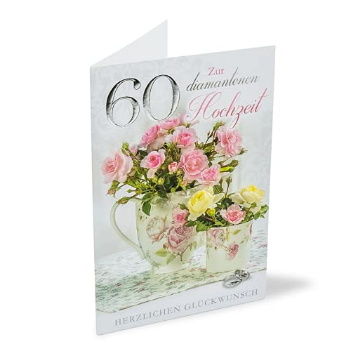 KE - Diamantene Hochzeit Karte, 60 Jahre Jubiläum, Klappkarte mit Umschlag, DIN A6, Ohne Innentext, Folienverpackt - Motiv: Blumensträusse von KE