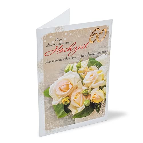 KE - Elegante Karte zur Diamantenen Hochzeit | Diamanthochzeit | Hochzeitstag 60 Jahre | Karte in Folie | Karte ohne Innentext | DIN A 6 | Klappkarten inkl. Umschlag | Motiv: gelbe Rosen von KE