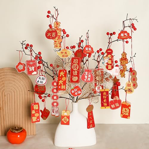 96 Stück chinesische Neujahrsdekorationen Mini-roter chinesischer Knoten-Anhänger, traditionelle Glücks-Ornamente für Neujahr, Zuhause, Büro, Auto, Baum, Frühling, Dekorationen (Gold) von KEAGAN