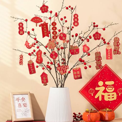 96 Stück chinesische Neujahrsdekorationen Mini-roter chinesischer Knoten-Anhänger, traditionelle Glücks-Ornamente für Neujahr, Zuhause, Büro, Auto, Baum, Frühling, Dekorationen (Red) von KEAGAN