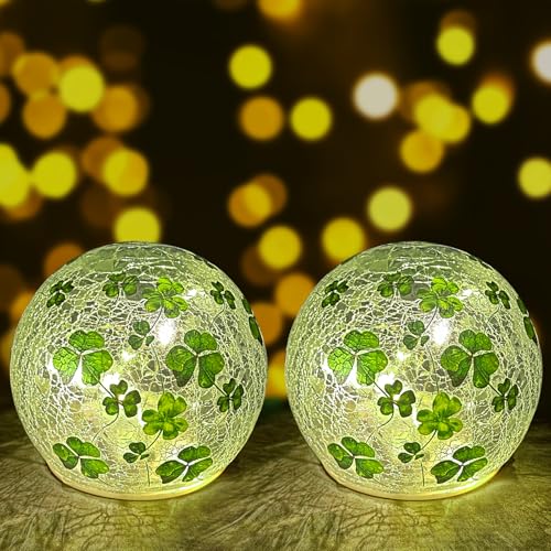 KEAGAN 2 Stück St Patrick's Day-Dekorationen, Beleuchtete Glaskugeln als Tischdekoration, Craquelé-LED-Nachtlicht mit Kleeblatt-Muster, Craquelé-Glaskugeln für Schlafzimmer, Heimdekoration, Party KEAGAN 2 Stück St Patrick's Day-Dekorationen, Beleuchtete Glaskugeln als Tischdekoration, Craquelé-LED-Nachtlicht mit Kleeblatt-Muster, Craquelé-Glaskugeln für Schlafzimmer, Heimdekoration, Party von KEAGAN