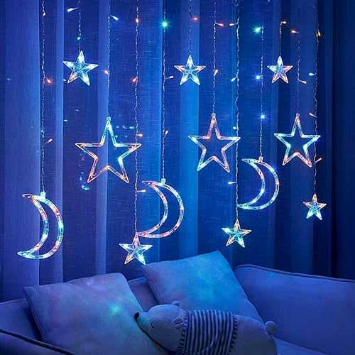 Ramadan-Fensterlichter-Dekorationen, 3,5 m Stern-Mond-Vorhang-Lichterkette, LED-Lichterkette, Ramadan-Dekorationen für Zuhause, Vorhang-Lichterketten für Festival, Garten, Zuhause, Party-Dekorationen von KEAGAN