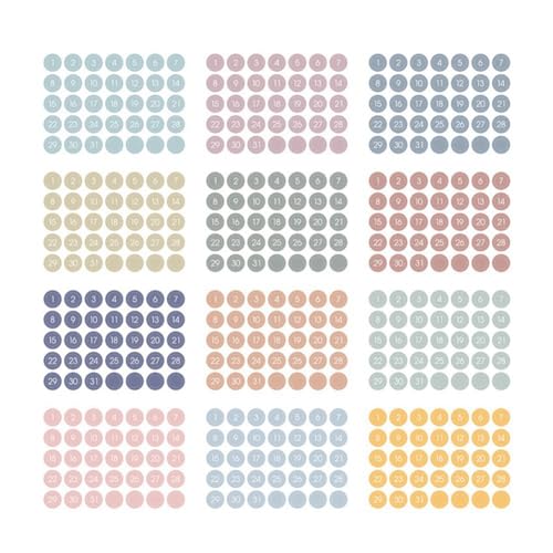 KEALBAUS 12 Stück runde bunte Zahlen-Aufkleber mit Datumsangaben für Schreibwaren, dekorativ B KEALBAUS 12 Stück runde bunte Zahlen-Aufkleber mit Datumsangaben für Schreibwaren, dekorativ B von KEALBAUS