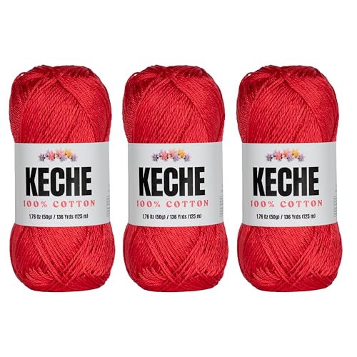 Baumwollgarn, 100 % Baumwollgarn zum Häkeln und Stricken, merzerisiertes Amigurumi-Garn aus Baumwolle, Fine-Sport 2, 50 g, 125 m, 3 Knäuel, Rot Baumwollgarn, 100 % Baumwollgarn zum Häkeln und Stricken, merzerisiertes Amigurumi-Garn aus Baumwolle, Fine-Sport 2, 50 g, 125 m, 3 Knäuel, Rot von KECHE