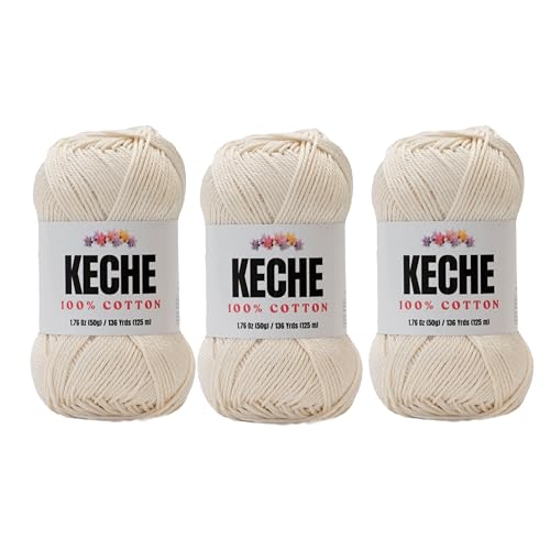 Baumwollgarn, 100 % Baumwollgarn zum Häkeln und Stricken, merzerisiertes Amigurumi-Garn aus Baumwolle, Fine-Sport 2, 50 g, 125 m, 3 Knäuel, cremefarben Baumwollgarn, 100 % Baumwollgarn zum Häkeln und Stricken, merzerisiertes Amigurumi-Garn aus Baumwolle, Fine-Sport 2, 50 g, 125 m, 3 Knäuel, cremefarben von KECHE