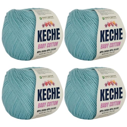Keche Baumwollgarn, 60 % Baumwolle, 40 % Acryl, weiches Baumwollgarn zum Häkeln und Stricken, Amigurumi-Garn 4 Knäuel (50 g), 165 m, Babyblau von KECHE