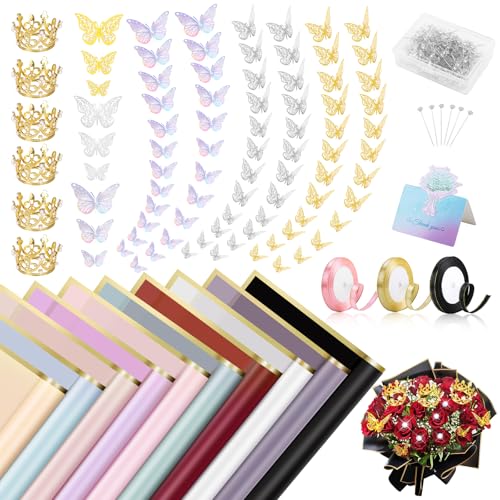 Blumen Papier Set, enthält 100 Blatt Blumenstrauß-Geschenkpapier, 3 Rollen Schleifenband für Blumenstrauß, 20 Stück Grußkarten, 200 Stück Blumennadeln, 72 Stück 3D-Schmetterlinge und 6 Stück Kronen Blumen Papier Set, enthält 100 Blatt Blumenstrauß-Geschenkpapier, 3 Rollen Schleifenband für Blumenstrauß, 20 Stück Grußkarten, 200 Stück Blumennadeln, 72 Stück 3D-Schmetterlinge und 6 Stück Kronen von KEDEMAS