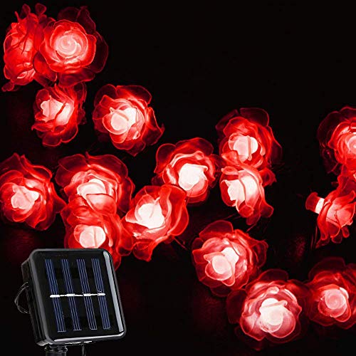 Solar Lichterketten, KEEDA 20 LED Rose Blume Lichterkette Wasserdichte dekorative Beleuchtung für Außen Patio Garten Hochzeit Weihnachten Party (Rot) von KEEDA