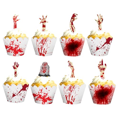 KEELYY 48 Stück Halloween Cupcake Topper Wrapper, Papier Cupcake Förmchen Tortendeko Halloween Deko Horror für Muffins Kuchen Käseplatte Vorspeisen für Party von KEELYY
