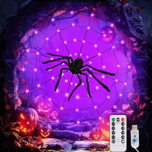 KEELYY Halloween Spinnennetz Lichter 8 Modi 70 LED Lichterketten Halloween Deko, Spinnennetz Lichterkette, USB-Betrieben mit Timer Netzlichter Deko für Haushof Garten Outdoor Indoor von KEELYY