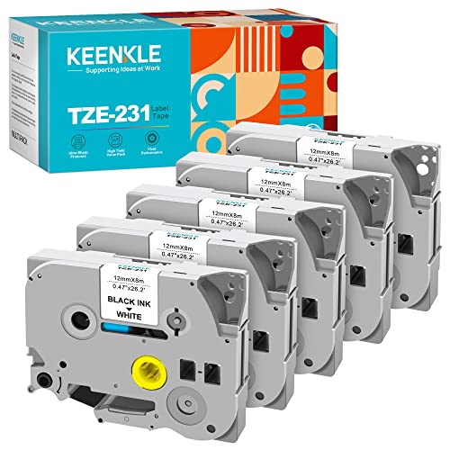 5er-Pack TZE231 TZe-231 Schriftband Kompatibel für Brother TZe 231 TZ231 TZ-231 12mm 0.47 Schwarz auf Weiß für Brother P-touch H105 H110 1000 1005 1010 1280 D400 PT-H105 PT-H110 von KEENKLE