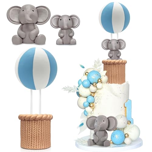 2 x Elefanten-Kuchendekoration, 1 x Heißluftballon, Elefant, Kuchendekoration, 1 x Elefanten-Kuchendekoration, Elefanten-Thema, Geburtstag, Babyparty, Kuchendekoration, Zubehör, blau, weiß von KEEPARTY