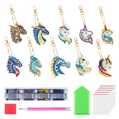 KEESIN Diamond Painting Schlüsselanhänge,10 Stück Malerei Schlüsselanhänger Doppelseitig Diamond Painting Anhänger für Anhänger Rucksack Handtasche(Drachenkopf + Einhorn) von KEESIN