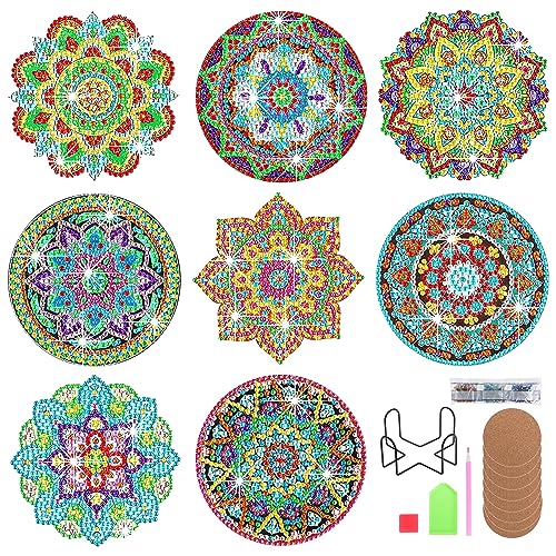 KEESIN Diamond Painting Untersetzer,8 Stück Diamond Art Untersetzer mit Halter klebendem Korkboden DIY Diamond Painting Coaster für Erwachsene Kinder Anfänger(Mandala C) von KEESIN