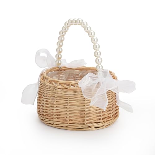 Kleiner Weidenkorb für Blumenmädchen mit Perlengriff, Rustikaler Boho-Blumenkorb aus Rattan, Handgewebter Blumenmädchenkorb mit Weißer Schleife, für Blumenmädchen, Als Hochzeitsdekoration(Braun) Kleiner Weidenkorb für Blumenmädchen mit Perlengriff, Rustikaler Boho-Blumenkorb aus Rattan, Handgewebter Blumenmädchenkorb mit Weißer Schleife, für Blumenmädchen, Als Hochzeitsdekoration(Braun) von KEFSR