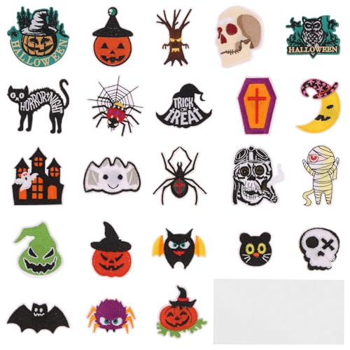 24 Stück Aufnäher Patches Halloween mit 23 Stickpatches 1 Selbstklebenden Bogen Bestickte Aufnäher Polyester Halloween Aufkleber für Kleidung Hemden Hüte Jeans Bastelarbeiten von KEGAJEGA