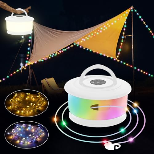 10 m Camping Lichterkette Aufrollbar, Musik Sync Farbwechsel RGB Outdoor Campinglampe with 19 Beleuchtungsmodi, USB Aufladung, 2-in-1 Tragbare LED Camping Licht für Camping, Hof und Wohnmobil Deko 10 m Camping Lichterkette Aufrollbar, Musik Sync Farbwechsel RGB Outdoor Campinglampe with 19 Beleuchtungsmodi, USB Aufladung, 2-in-1 Tragbare LED Camping Licht für Camping, Hof und Wohnmobil Deko von KEIWRLIGHT