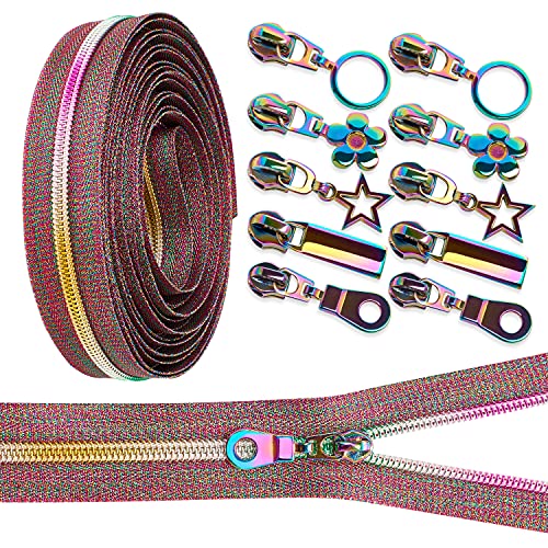 Regenbogen-Reißverschlussband, 4,5 m, mit 10 Regenbogen- und 5 Metallreißverschlüssen, Nylon-Spulenzähnen, als Ersatz von KEJXSGUO