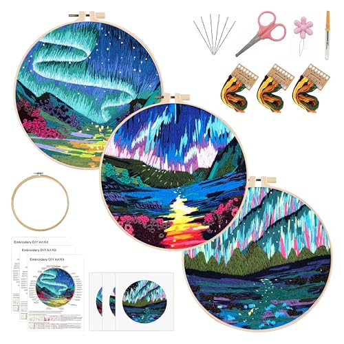 KEKEMEOW 3 Sets Stickerei Kit für Anfänger, Nähte mit Aurora Landschaft, Aurora Borealis Stickerei Stick Übung Kit für Erwachsene Handwerk Liebhaber, Nadelpunkt Hand Stickerei Kit mit Muster von KEKEMEOW