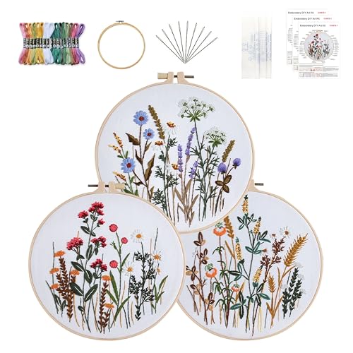 KEKEMEOW 3 Sets Stickerei Kit für Anfänger, Nähte mit Blumenpflanzenmustern, DIY Kreuznäht Kits für Erwachsene, Nadelpunkt Hand Stickerei Kit mit gestempeltem Muster、Anleitung、Reifen von KEKEMEOW
