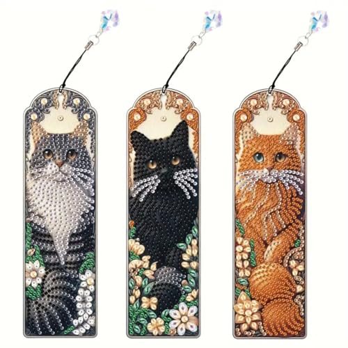 3 Stück Diamond Painting Lesezeichen Erwachsene Set mit Kristall-Anhänger, Bastelset für kindertagsgeschenke Mädchen (Katze-1) von KELCIO