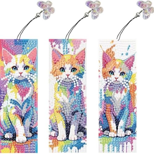 3 Stück Diamond Painting Lesezeichen Erwachsene Set mit Kristall-Anhänger, Bastelset für kindertagsgeschenke Mädchen (Katze-3) von KELCIO