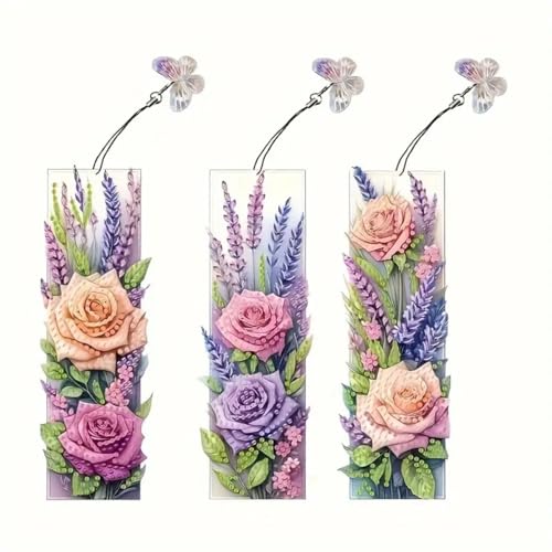 3 Stück Diamond Painting Lesezeichen Erwachsene Set mit Kristall-Anhänger, Bastelset für kindertagsgeschenke Mädchen (Rose) von KELCIO