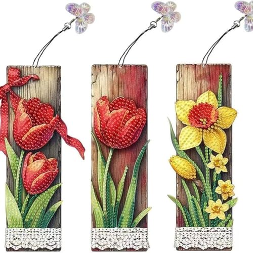 3 Stück Diamond Painting Lesezeichen Erwachsene Set mit Kristall-Anhänger, Bastelset für kindertagsgeschenke Mädchen (Tulpe) von KELCIO