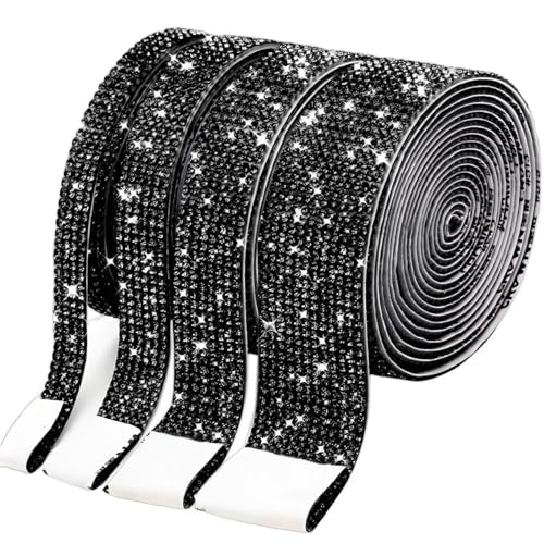 4 Rollen Selbstklebend Kristall Strassband, 4 Yards Glitzersteine Strasssteine Selbstklebend mit 2mm Strass für Auto Handwerks dekoration, Heim dekoration (Schwarz) von KELCIO